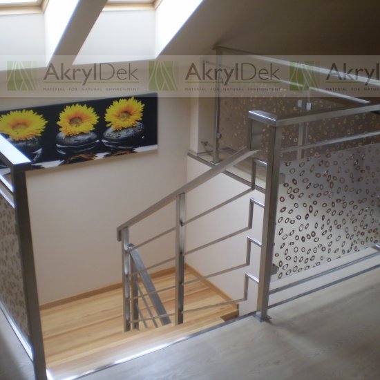 Staircase railing panels with flower or stone pattern in resin